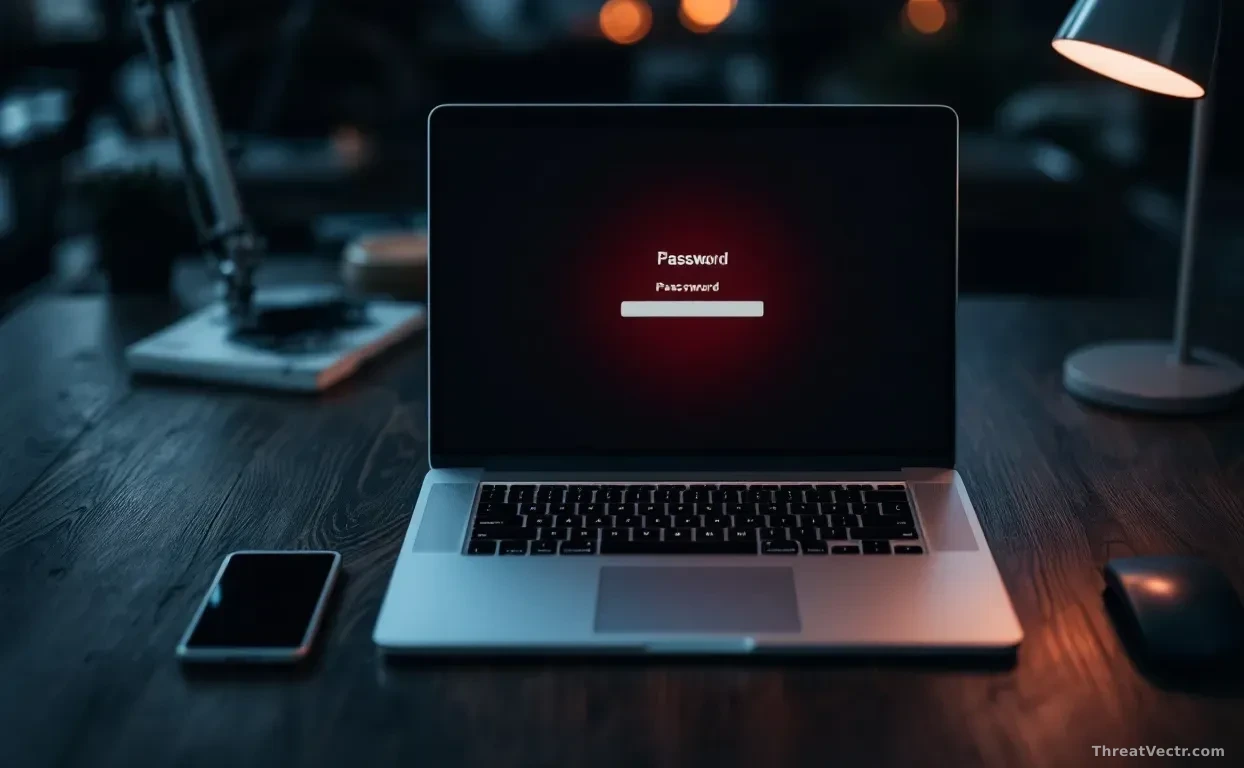 Full-frame overhead view of a modern silver laptop on a dark wooden desk, screen showing a blurred generic system password dialog with a red warning glow, apps