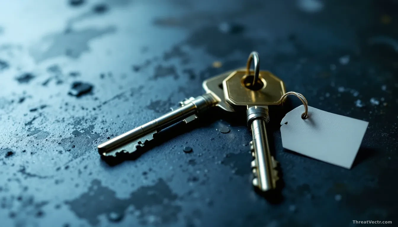 Full-frame photoreal editorial image of two identical brass keys resting on a dark steel surface under a single overhead light, each key tagged with a small bla