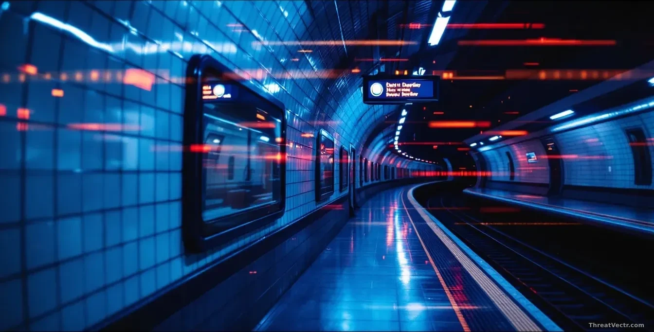 Full-frame photoreal editorial image of an empty London Underground platform at night, tiled walls, a stationary red-striped train with doors open, moody blue a