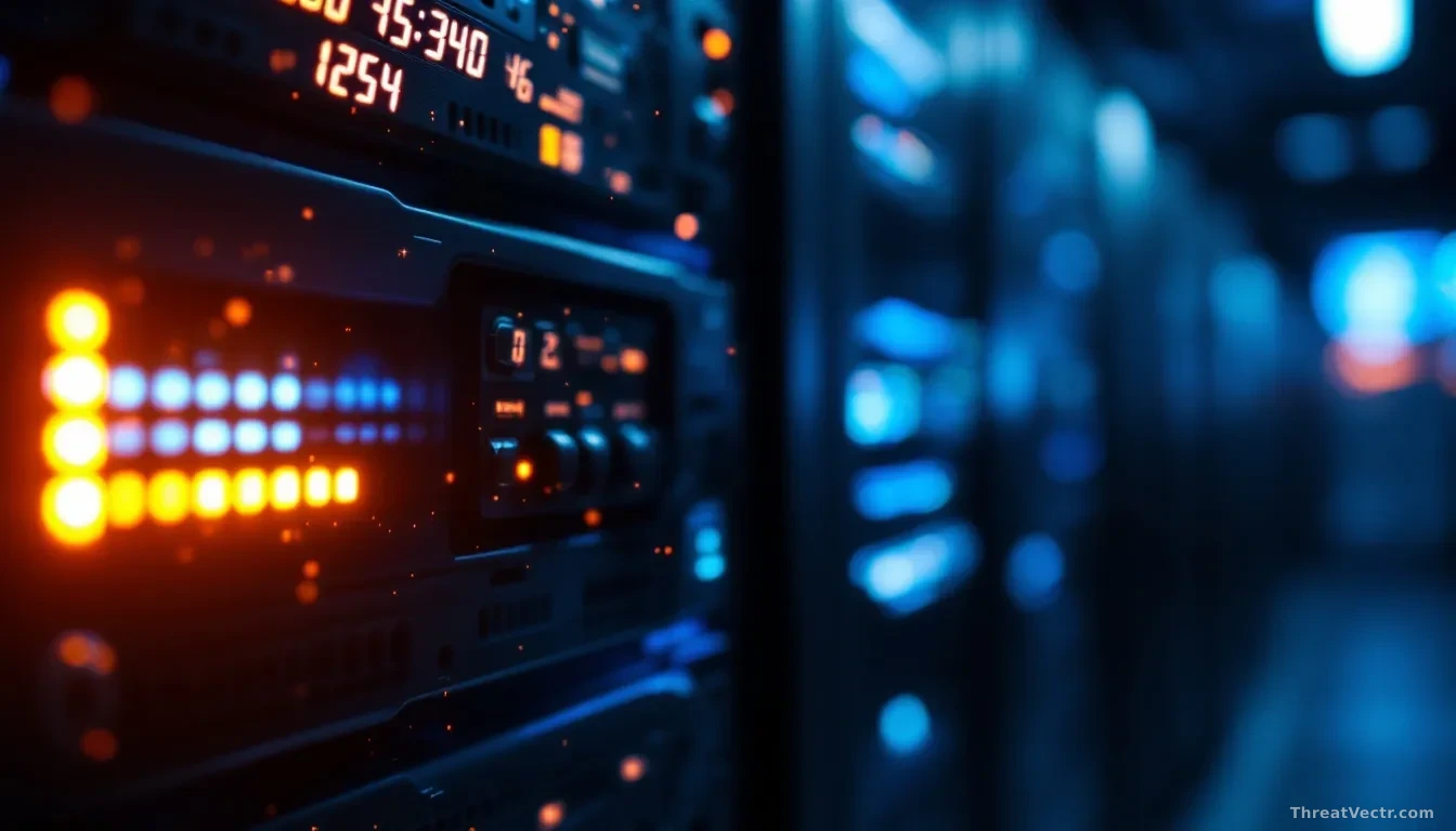 Full-frame edge-to-edge photoreal news-editorial image of a dark server rack in a data centre with a single amber warning light glowing on one rack unit, cool b