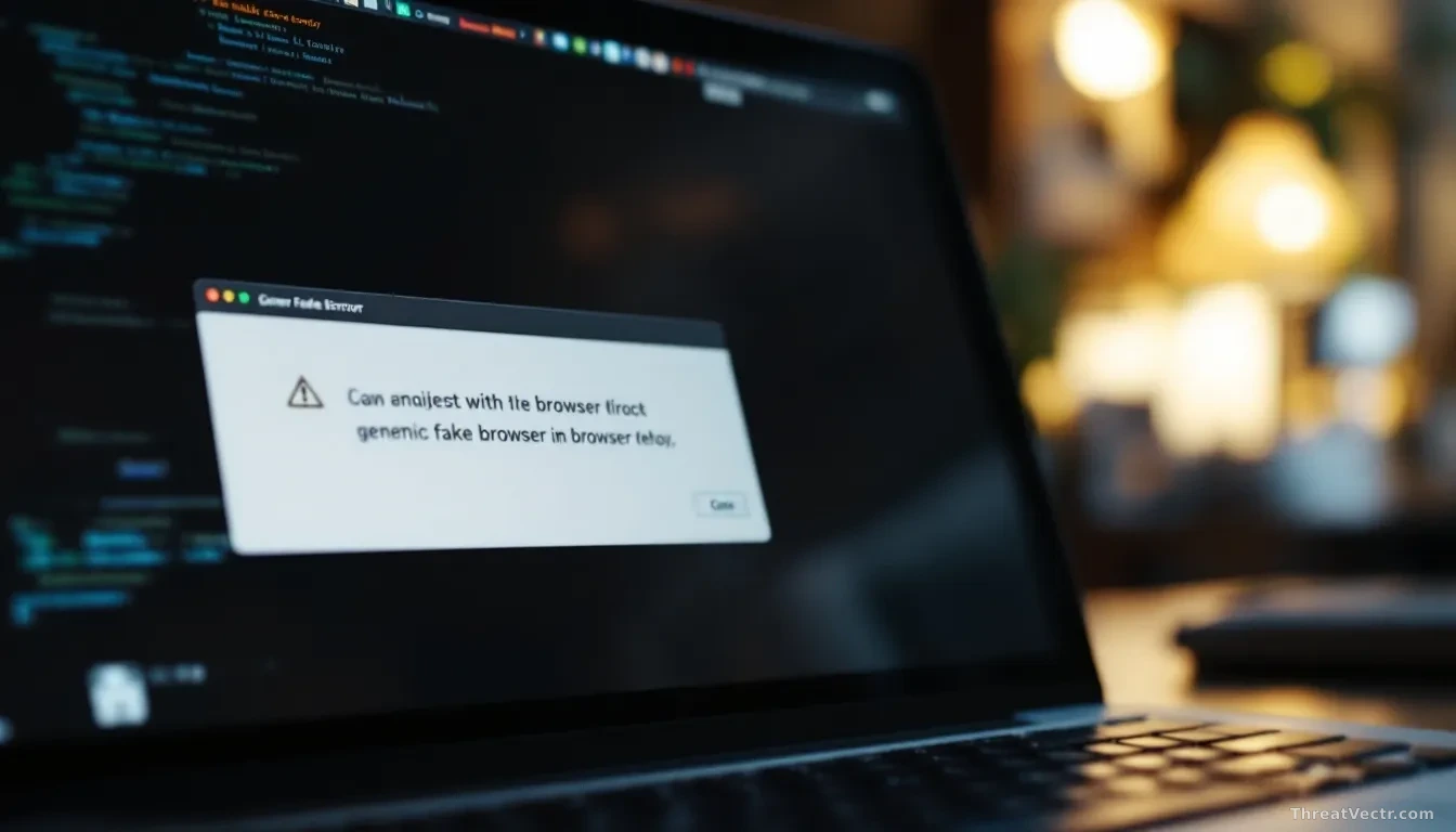 Full-frame photoreal shot of a laptop screen showing a generic fake browser error dialog, warm office lighting, blurred keyboard in foreground, moody editorial
