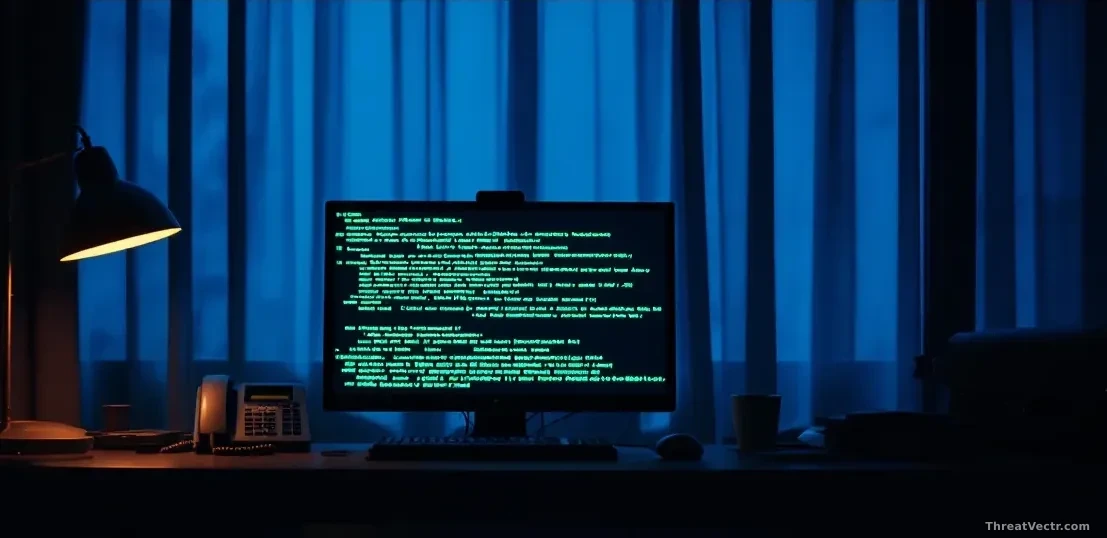Full-frame photoreal editorial image of a dimly lit government office at night in Southeast Asia, empty desk with a glowing monitor showing abstract green code