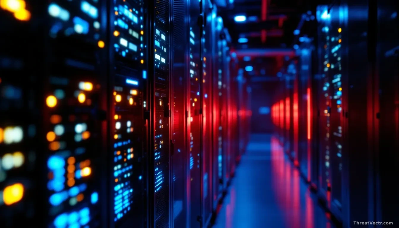 Full-frame edge-to-edge photoreal news-editorial image of a dimly lit server room aisle at night, rows of humming rack-mounted servers with soft blue and amber