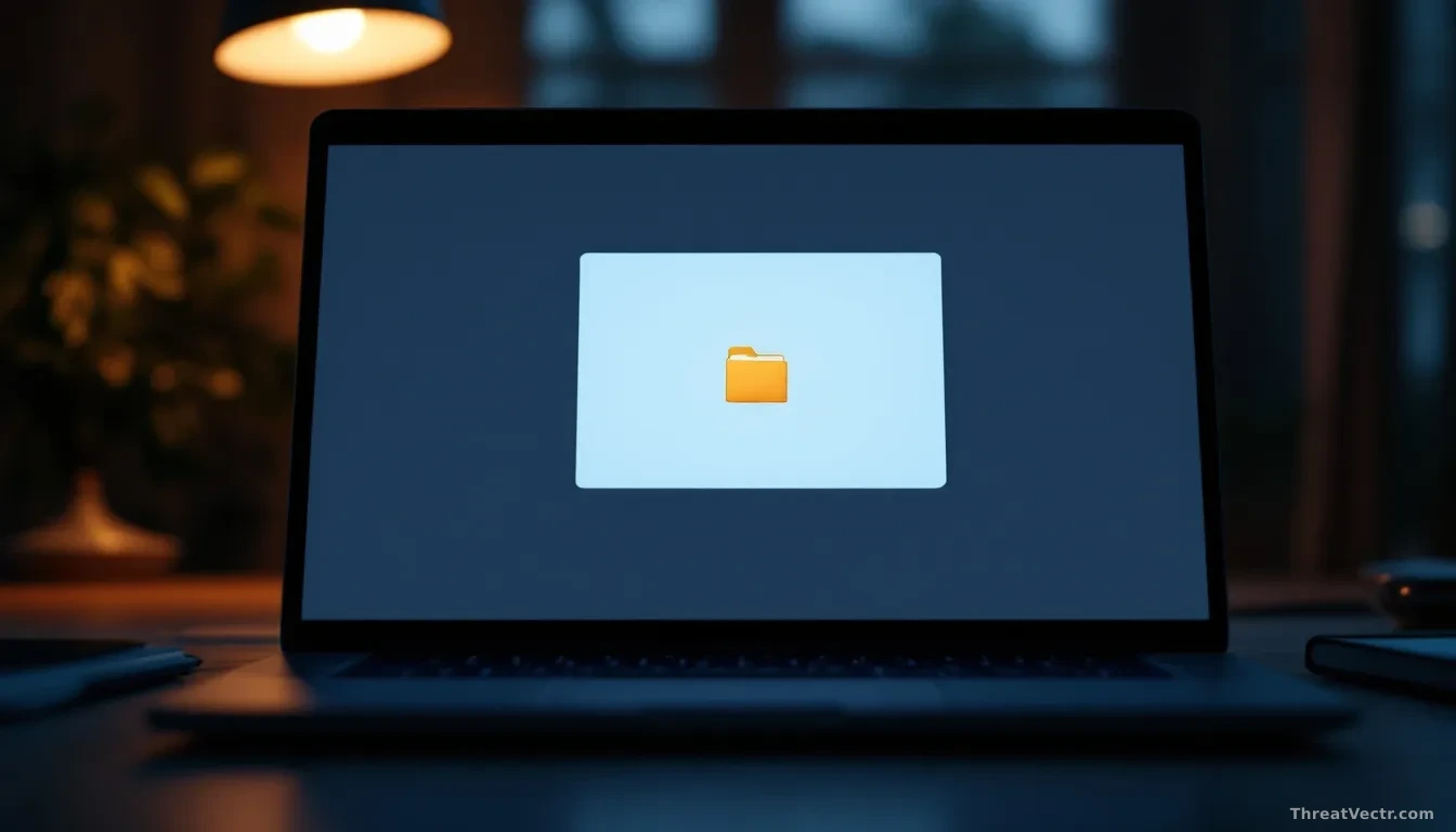 Full-frame photoreal editorial shot of a laptop screen showing a generic file-archive dialog with a compressed folder icon highlighted, warm desk lamp light, ou