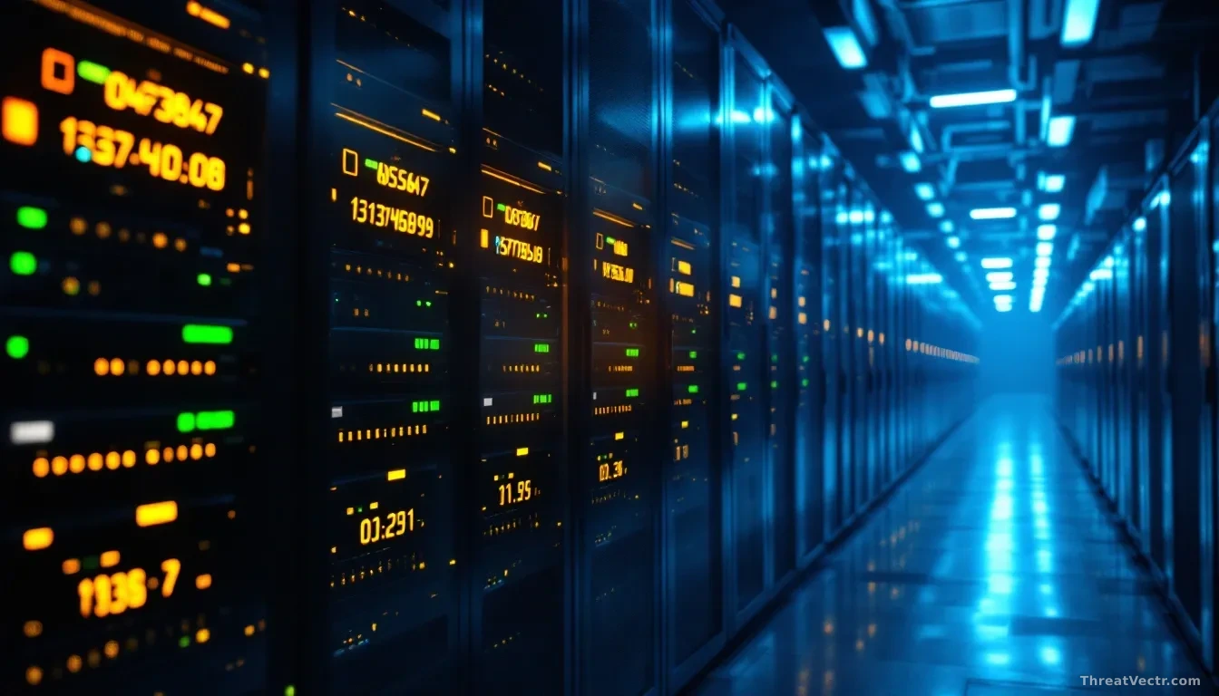 Photoreal editorial shot of a dimly lit server room in a Russian government building, rows of network equipment with faint green status lights, a single monitor