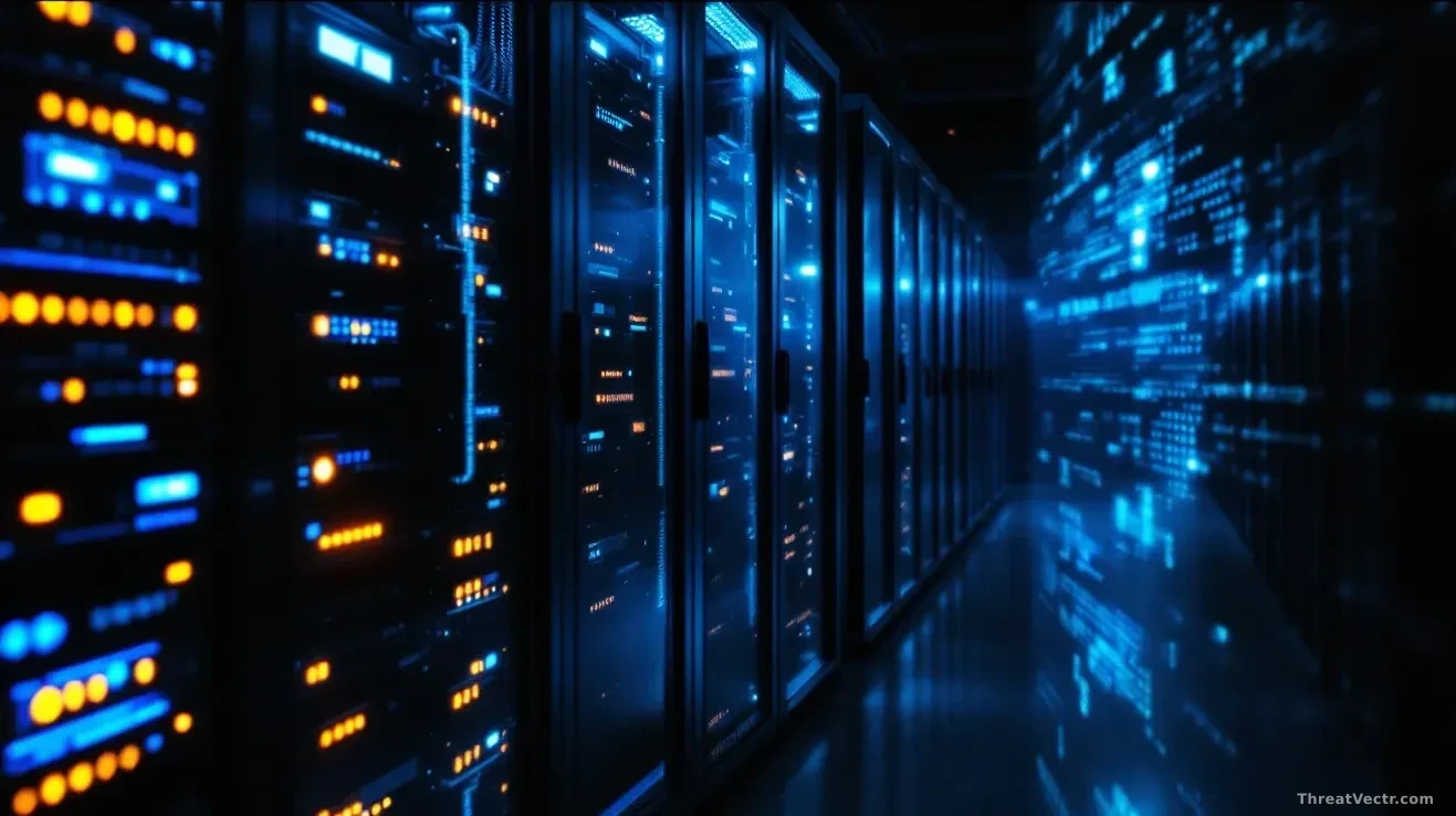 Photoreal editorial image of a dimly lit server room with rows of glowing blue and amber indicator lights on rack-mounted machines, one open cabinet showing exp