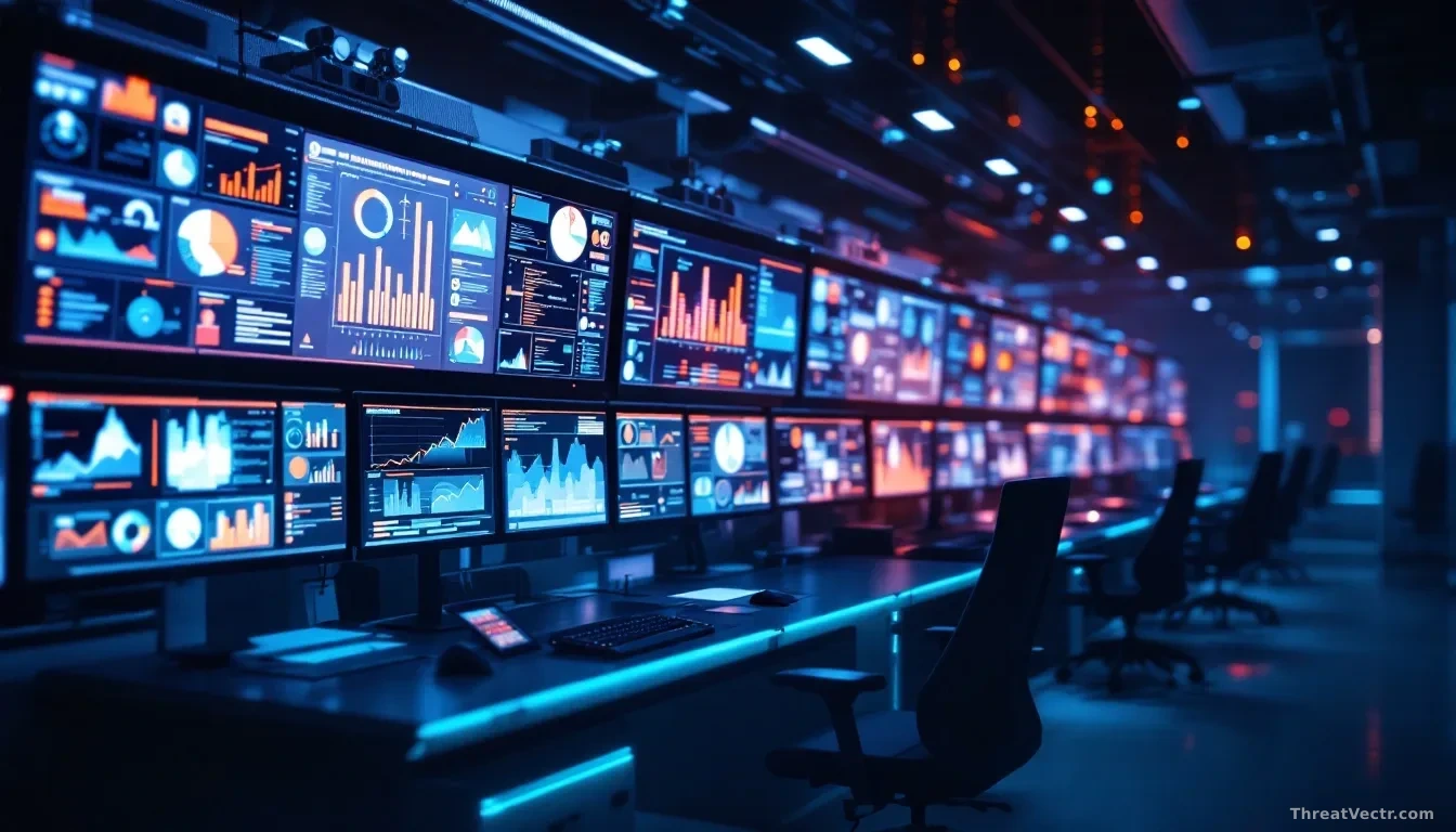 Full-frame photoreal editorial image of a modern security operations center at night, rows of glowing monitors showing abstract alert dashboards and graphs, coo