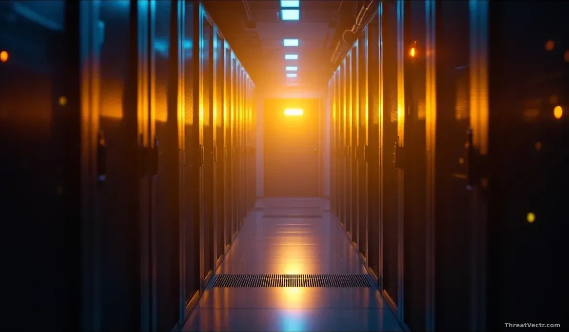 Full-frame photoreal editorial shot of a dimly lit server rack in a small unmarked room, one door left ajar with light spilling into a corridor, cables slightly