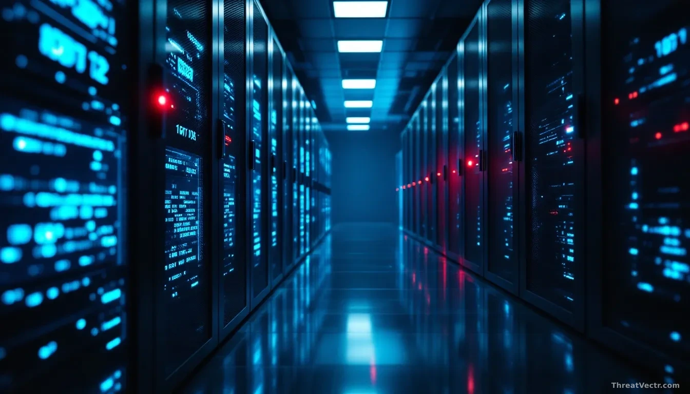 Full-frame photoreal editorial shot of a dim data centre aisle, rack-mounted servers glowing with cool blue status lights, one server showing a red alert LED, f