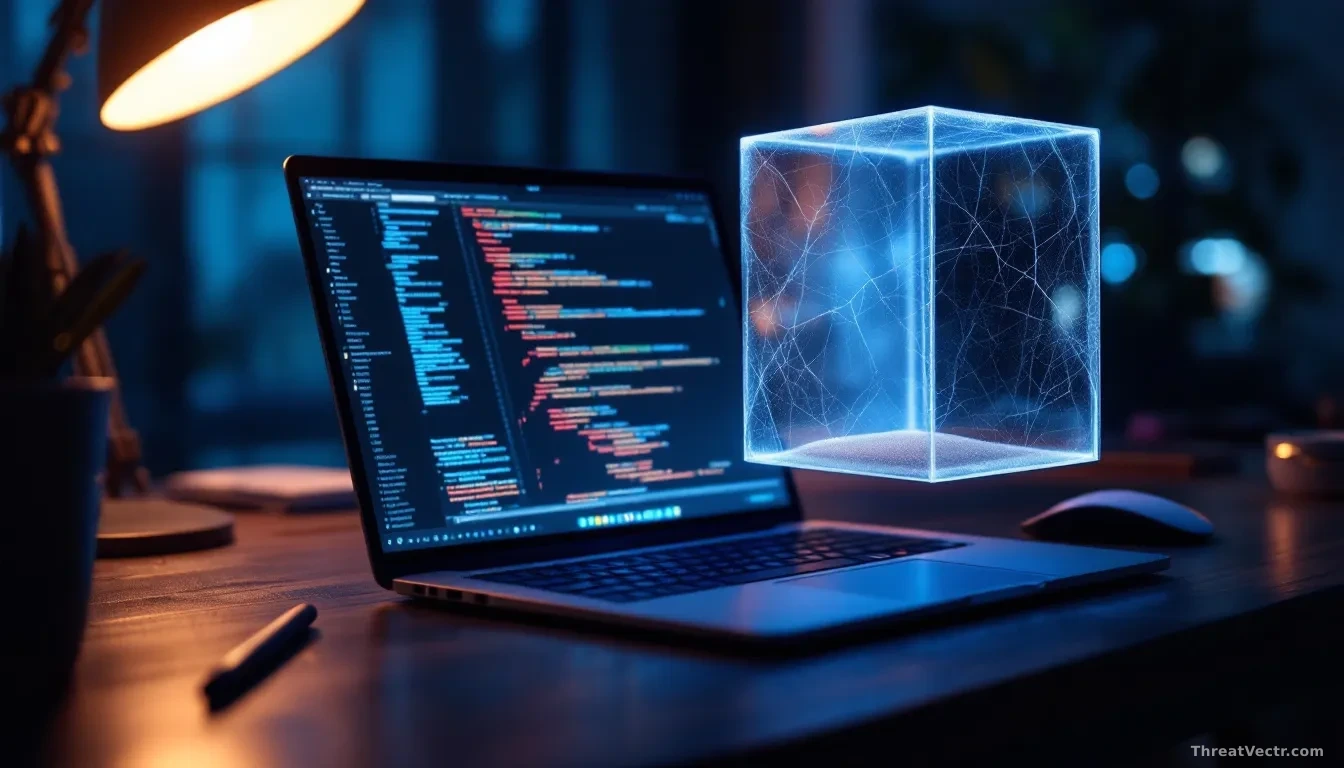 Photoreal editorial shot of a developer's darkened desk at night, a laptop open showing an abstract code editor with a glowing terminal window, a translucent gl
