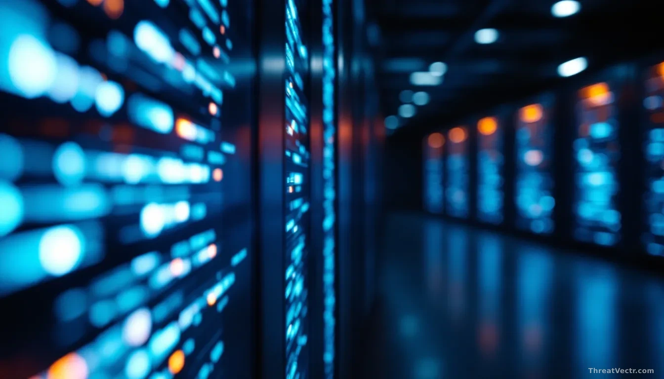 Full-frame photoreal editorial shot of a dimly lit corporate server room with rows of glowing blue and amber rack lights, a slightly out-of-focus enterprise dat