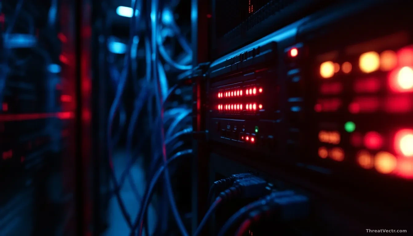 Photoreal editorial shot of a dimly lit server room with a rack-mounted enterprise firewall appliance glowing red on its status LEDs, blue network cables tangle