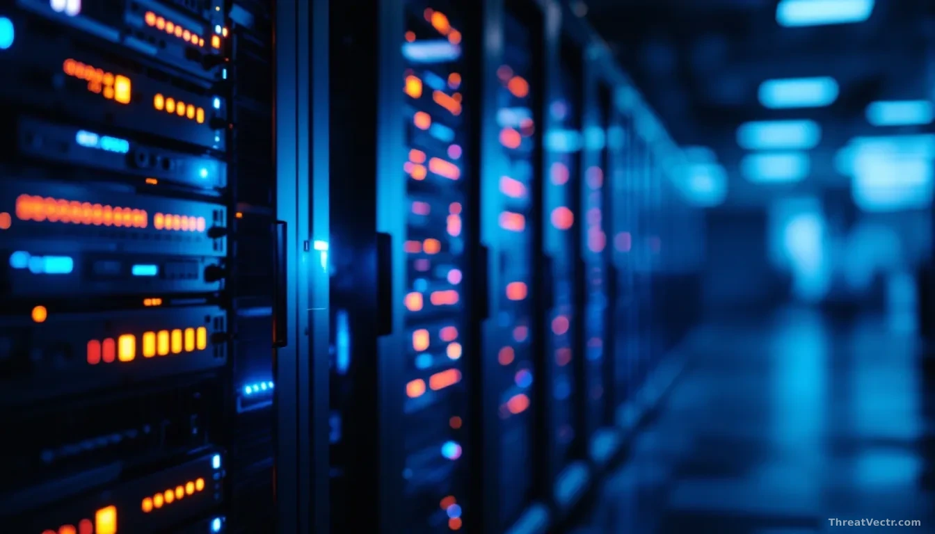 Photoreal editorial shot of a dimly lit corporate server room, rows of rack-mounted servers glowing with amber and blue status lights, one rack door slightly aj