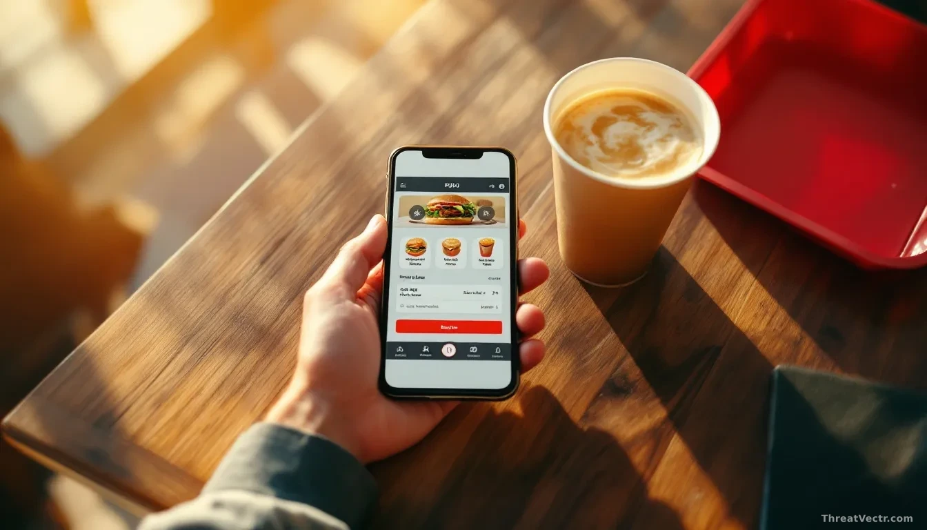Full-frame overhead view of a generic fast-food mobile ordering app open on a smartphone resting on a wooden table, next to a paper cup and a red drink tray, wa