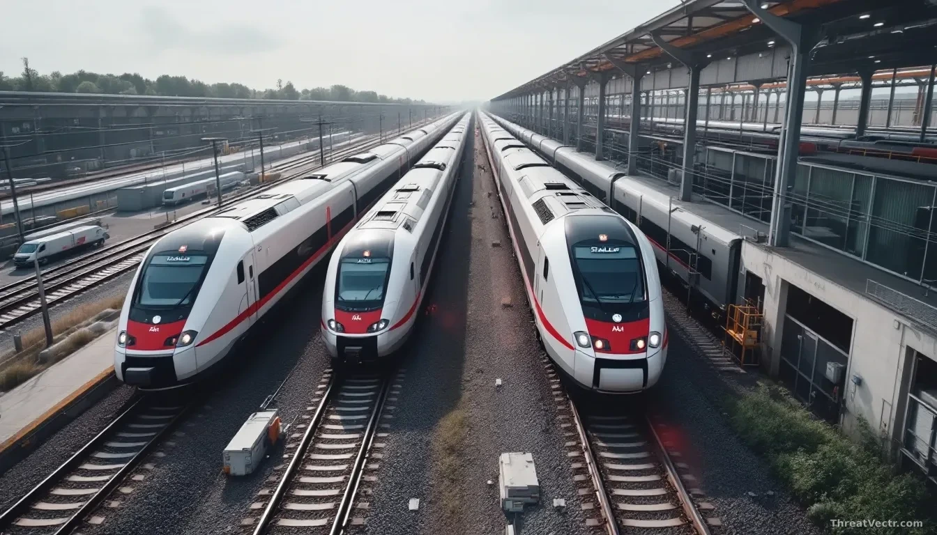 Aerial view of Stadler Rail trains in a manufacturing facility, railway tracks visible, clear sky