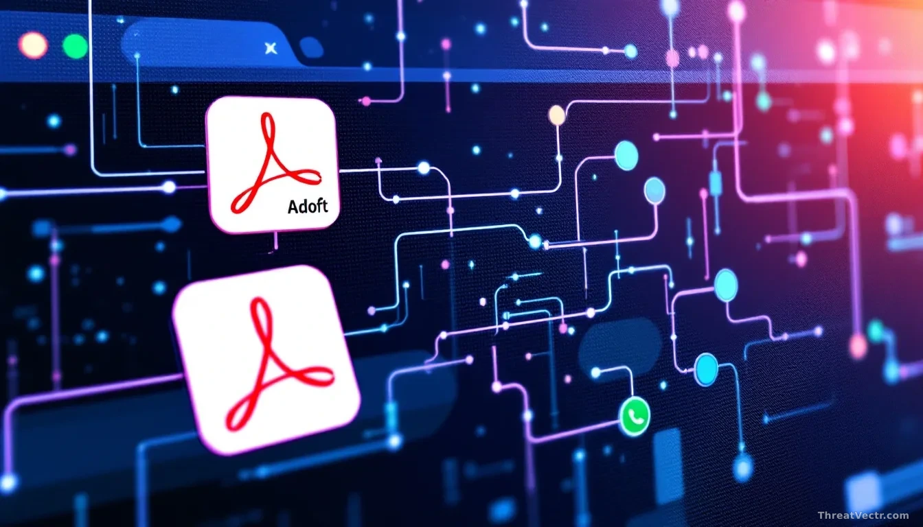 A digital illustration showing a web browser with Adobe Acrobat and WhatsApp icons, symbolizing interconnected data flow
