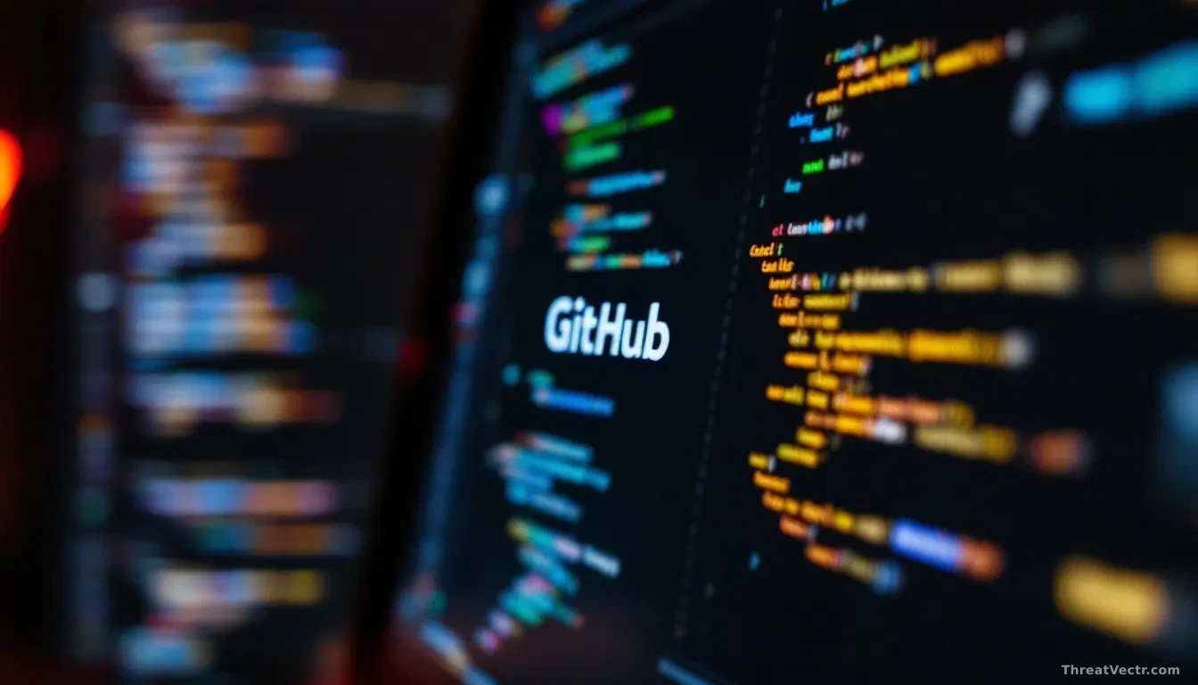A close-up of a laptop screen displaying GitHub's website, with code in the background, emphasizing a focus on software development